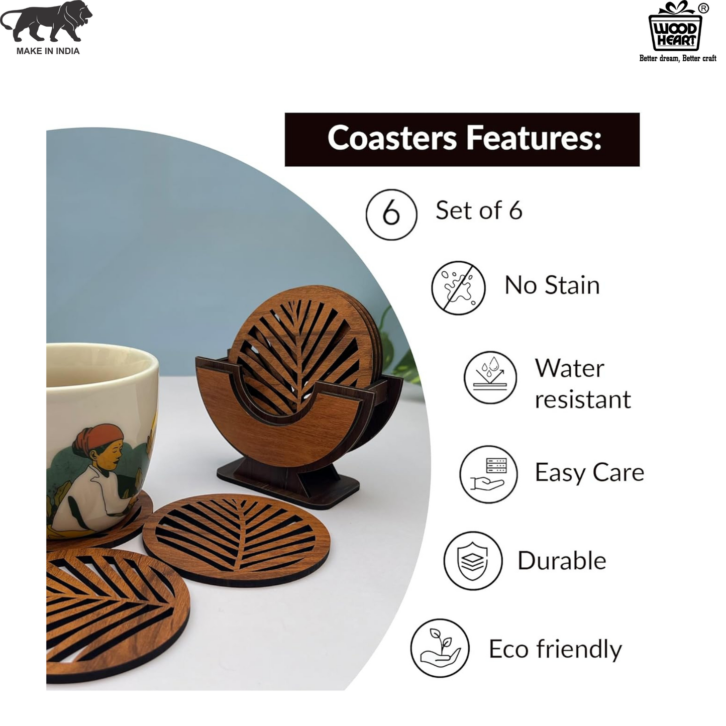Wooden Leaf Design Coaster Set with Holder – Round Shape