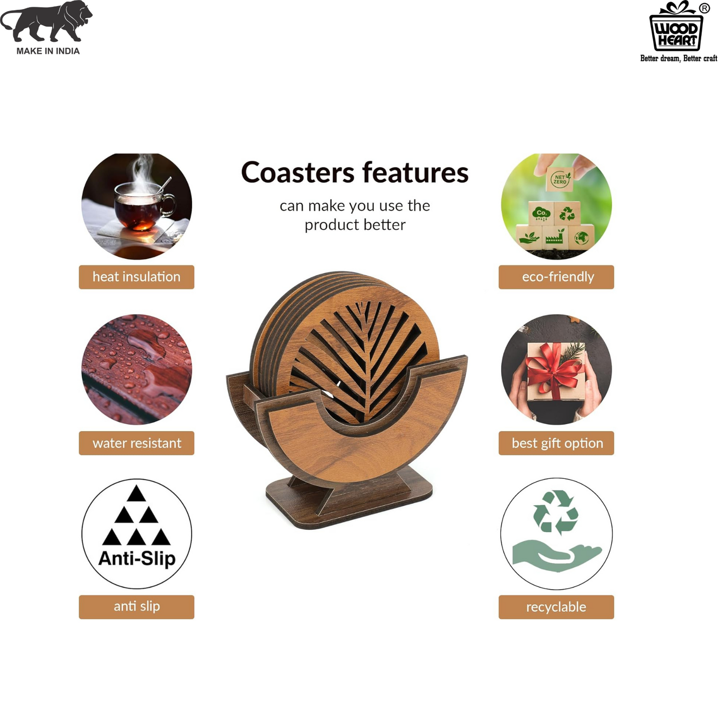 Wooden Leaf Design Coaster Set with Holder – Round Shape