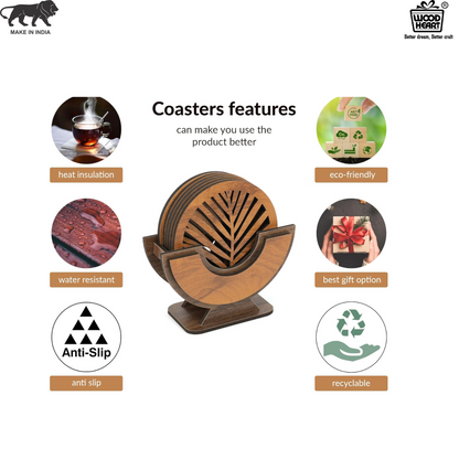 Wooden Leaf Design Coaster Set with Holder – Round Shape