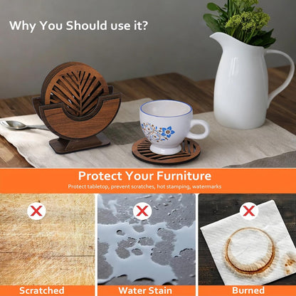 Wooden Leaf Design Coaster Set with Holder – Round Shape