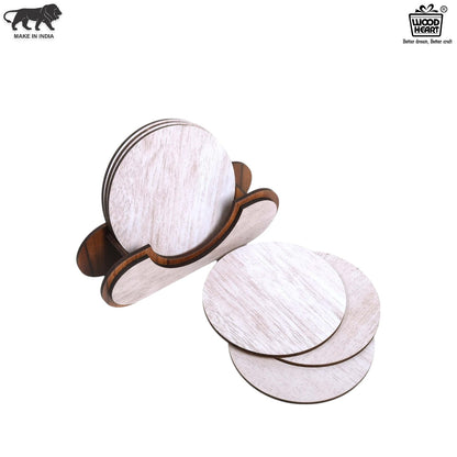 Wooden Round Coaster Set with Holder – Whitewashed Finish