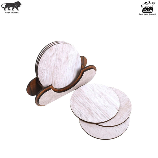 Wooden Round Coaster Set with Holder – Whitewashed Finish