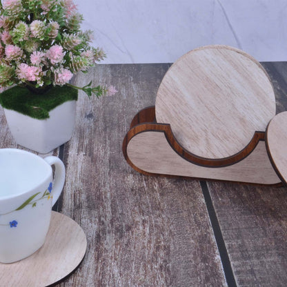 Wooden Round Coaster Set with Holder – Whitewashed Finish
