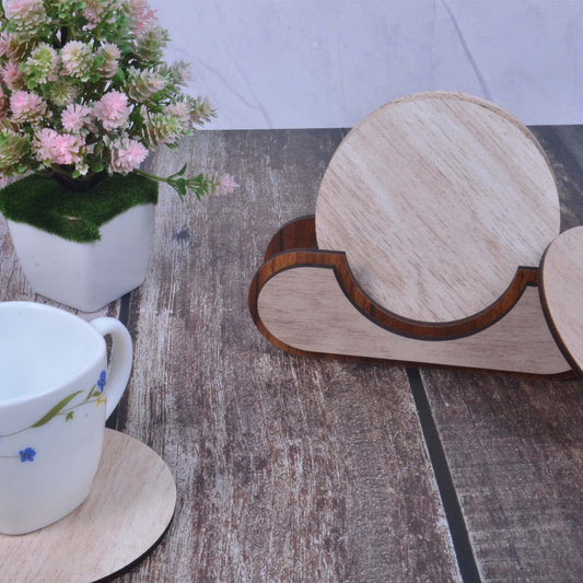Wooden Round Coaster Set with Holder – Whitewashed Finish