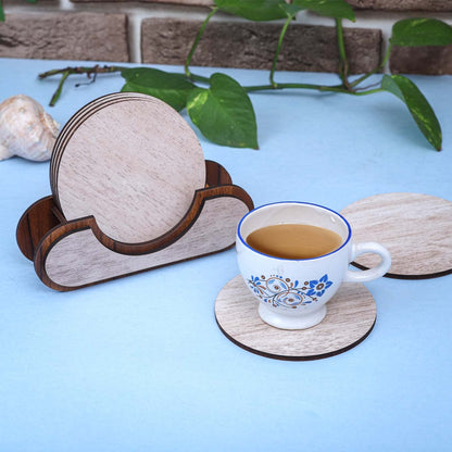 Wooden Round Coaster Set with Holder – Whitewashed Finish