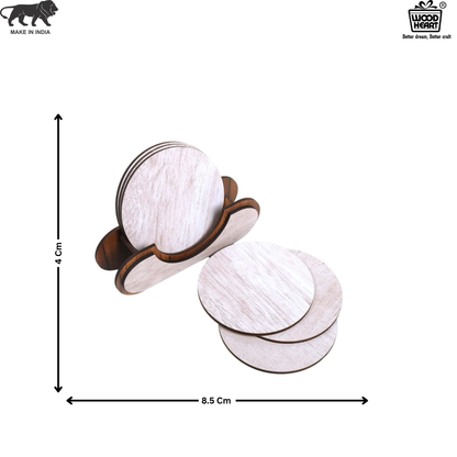 Wooden Round Coaster Set with Holder – Whitewashed Finish