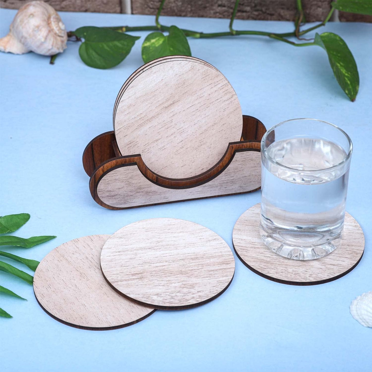 Wooden Round Coaster Set with Holder – Whitewashed Finish