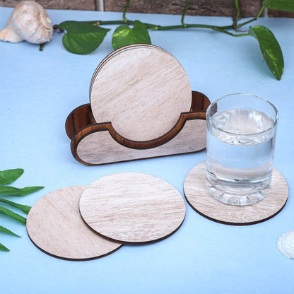 Wooden Round Coaster Set with Holder – Whitewashed Finish