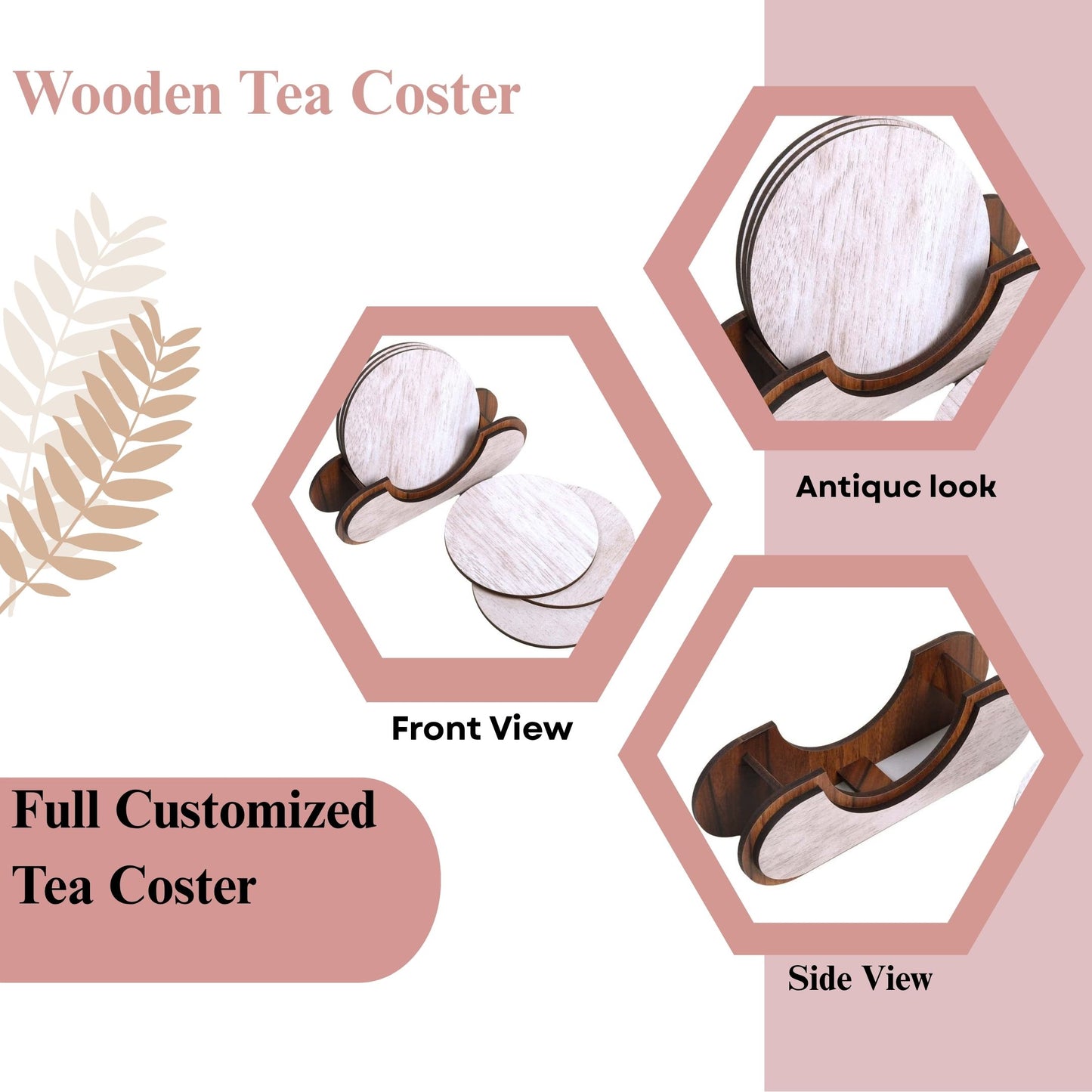 Wooden Round Coaster Set with Holder – Whitewashed Finish