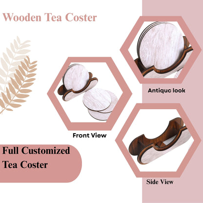 Wooden Round Coaster Set with Holder – Whitewashed Finish