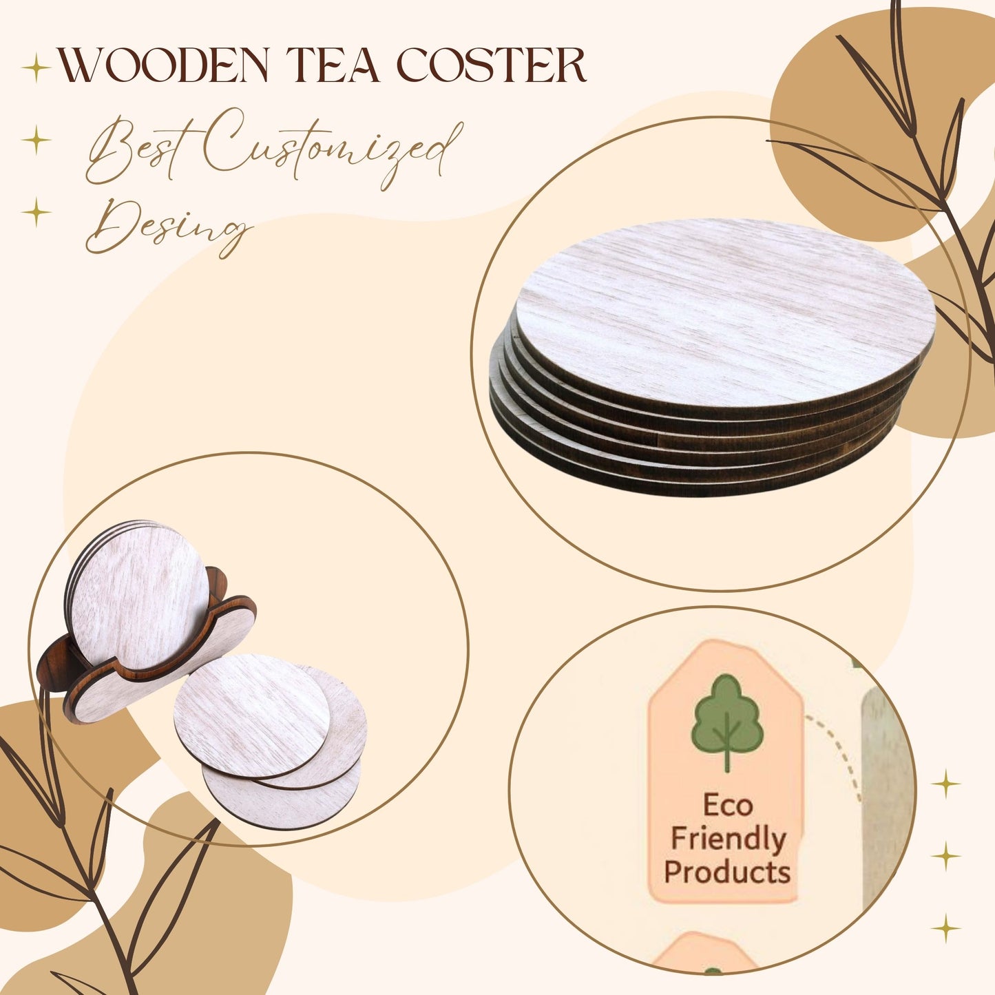 Wooden Round Coaster Set with Holder – Whitewashed Finish