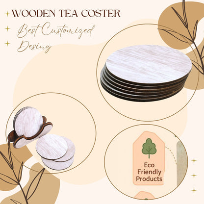 Wooden Round Coaster Set with Holder – Whitewashed Finish