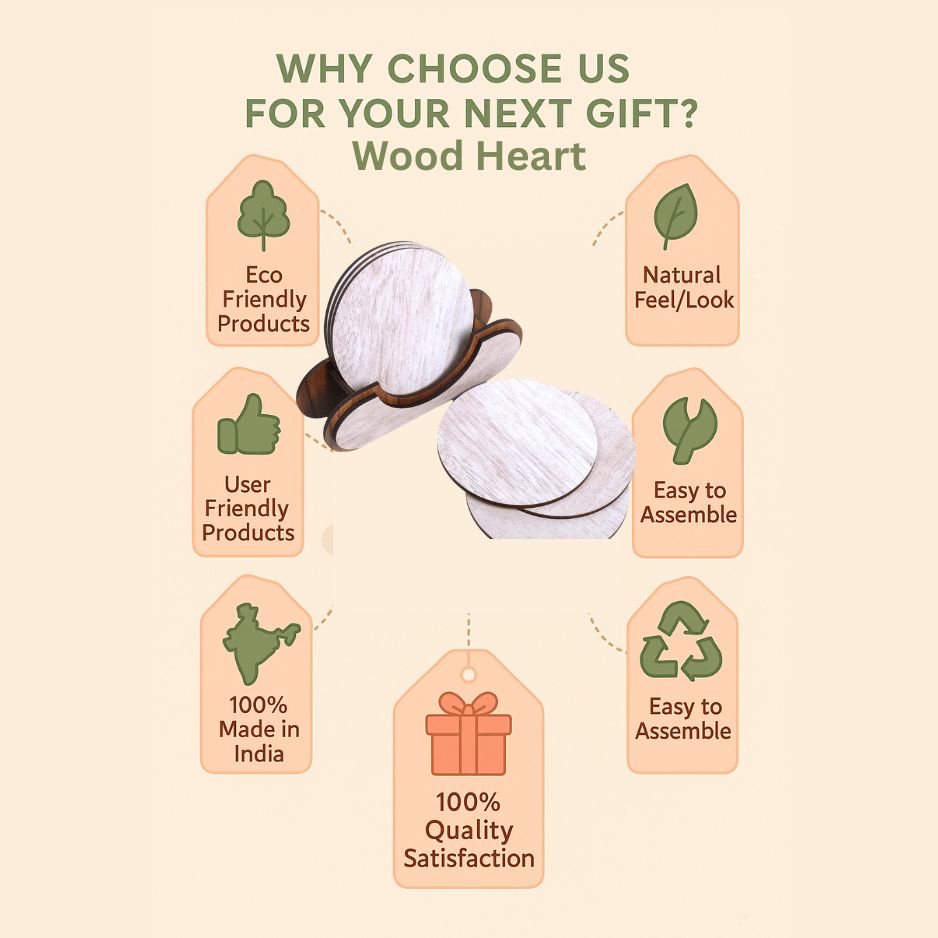 Wooden Round Coaster Set with Holder – Whitewashed Finish