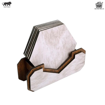 Wooden Hexagon Coaster Set with Holder – Whitewashed Finish