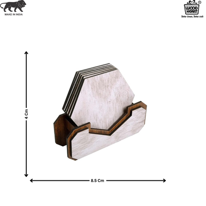 Wooden Hexagon Coaster Set with Holder – Whitewashed Finish