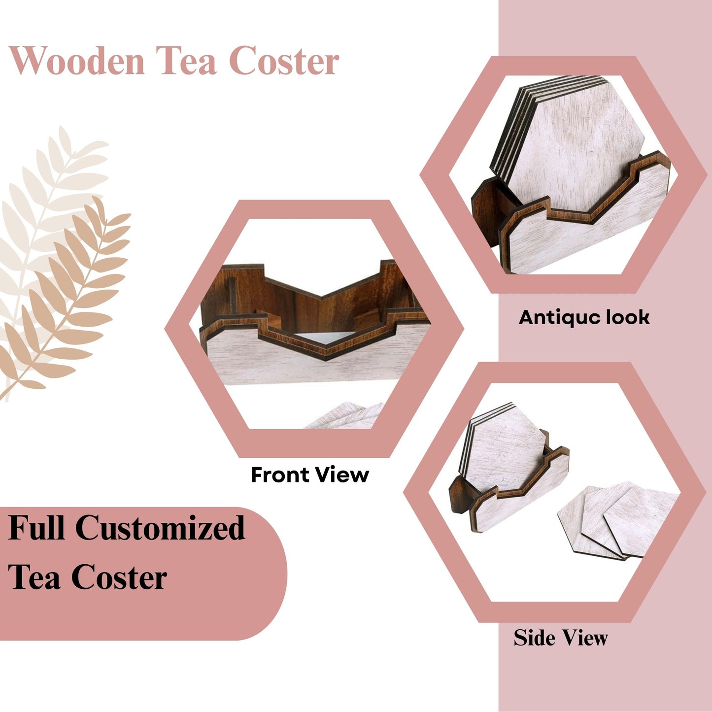 Wooden Hexagon Coaster Set with Holder – Whitewashed Finish