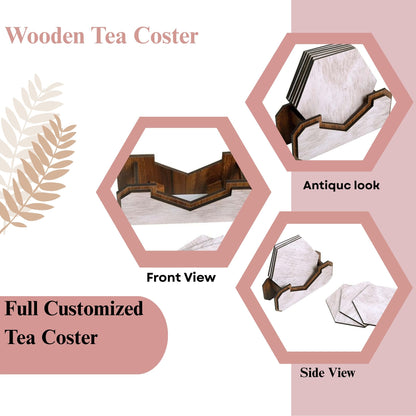 Wooden Hexagon Coaster Set with Holder – Whitewashed Finish