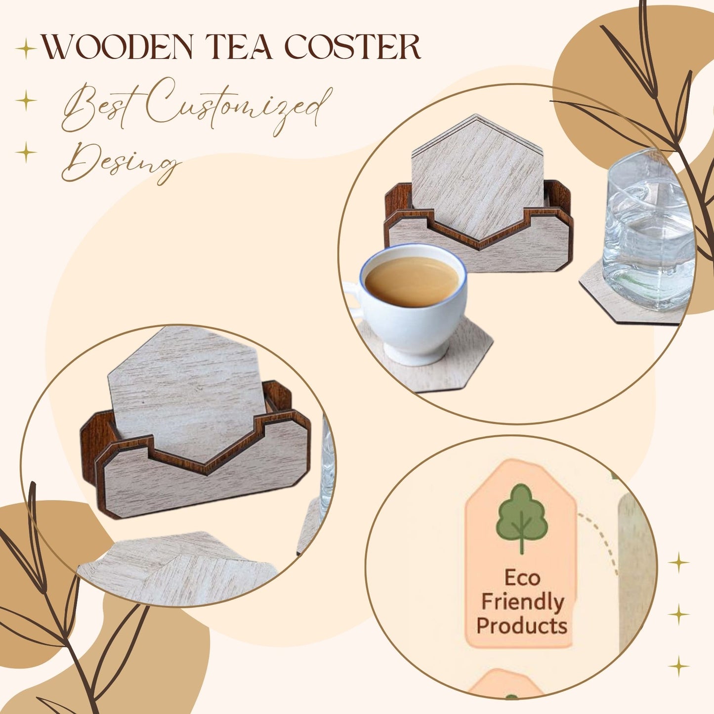 Wooden Hexagon Coaster Set with Holder – Whitewashed Finish