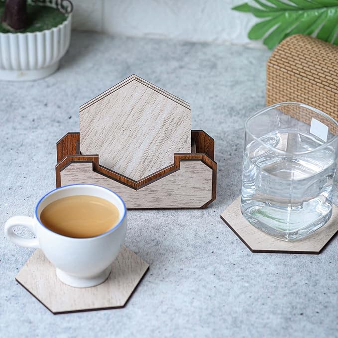 Wooden Hexagon Coaster Set with Holder – Whitewashed Finish