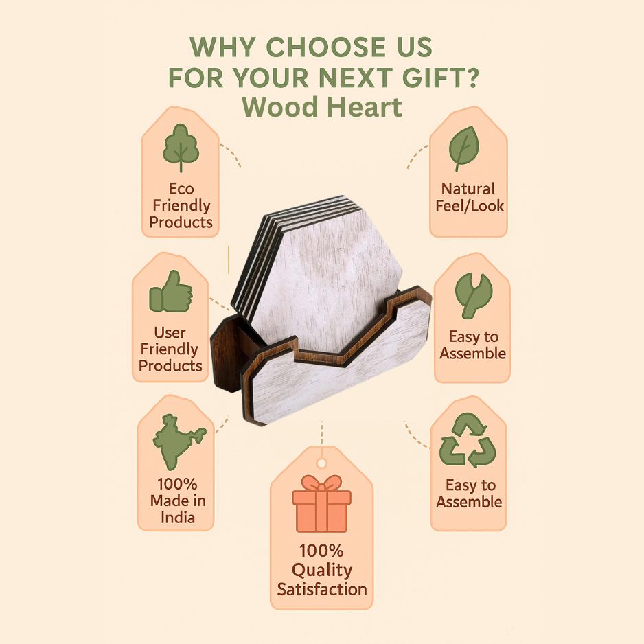 Wooden Hexagon Coaster Set with Holder – Whitewashed Finish