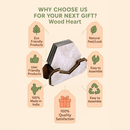 Wooden Hexagon Coaster Set with Holder – Whitewashed Finish