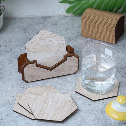 Wooden Hexagon Coaster Set with Holder – Whitewashed Finish