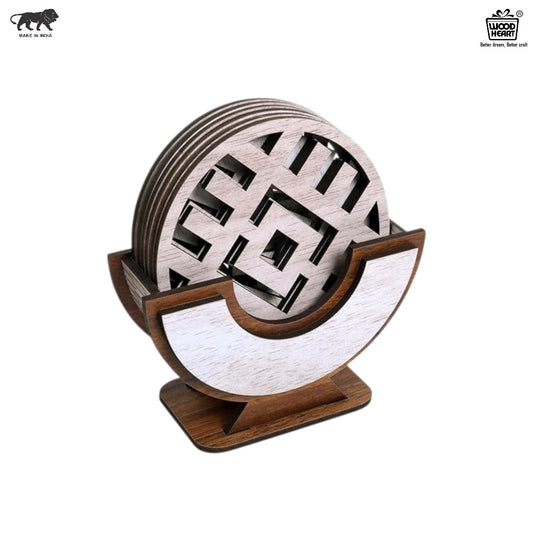 Wooden Round Coaster Set with Geometric Cutwork – Whitewashed Finish