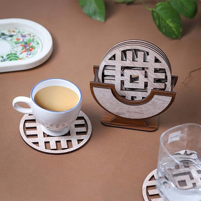 Wooden Round Coaster Set with Geometric Cutwork – Whitewashed Finish
