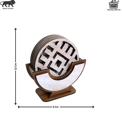Wooden Round Coaster Set with Geometric Cutwork – Whitewashed Finish