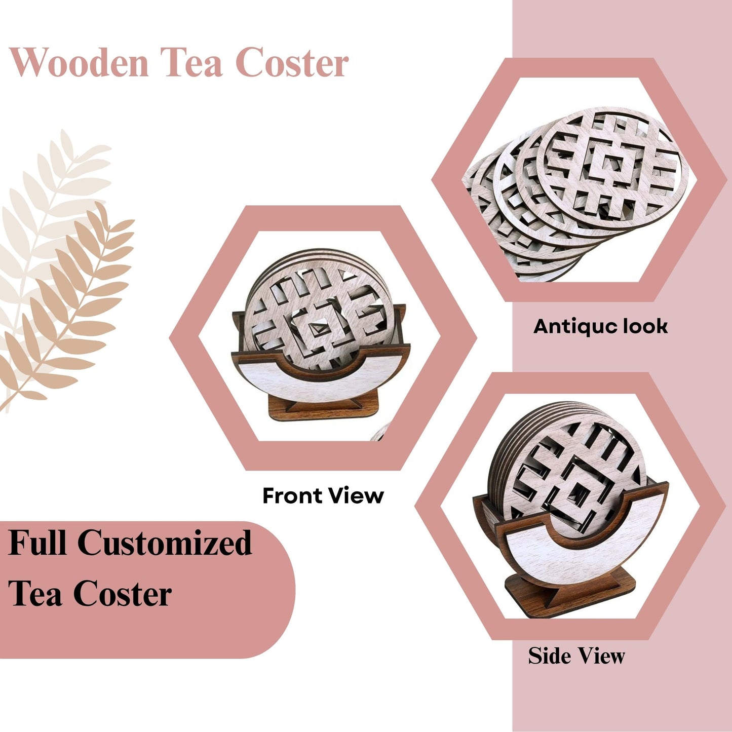 Wooden Round Coaster Set with Geometric Cutwork – Whitewashed Finish
