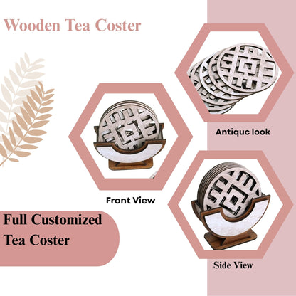 Wooden Round Coaster Set with Geometric Cutwork – Whitewashed Finish