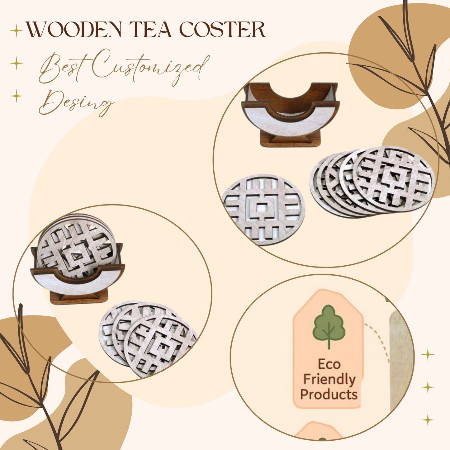 Wooden Round Coaster Set with Geometric Cutwork – Whitewashed Finish