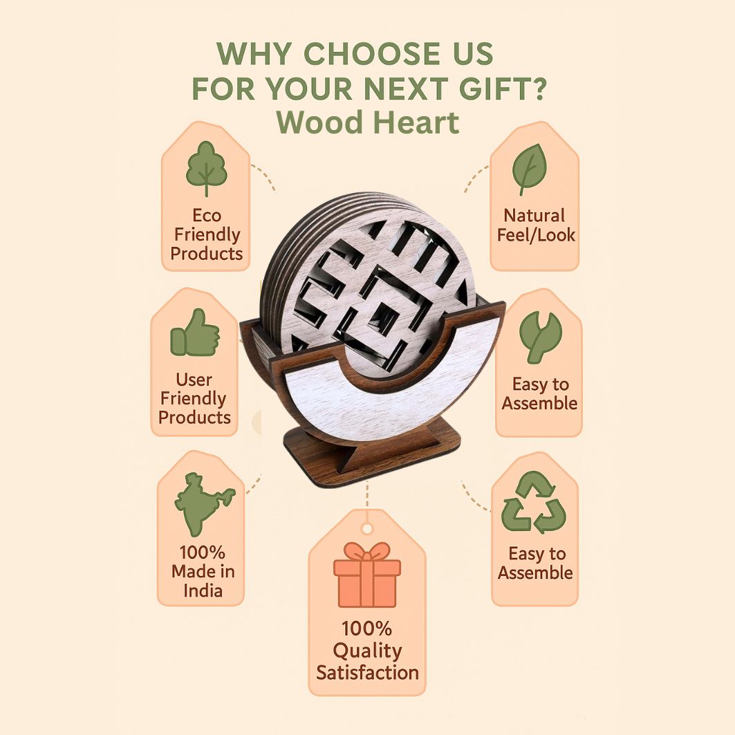 Wooden Round Coaster Set with Geometric Cutwork – Whitewashed Finish