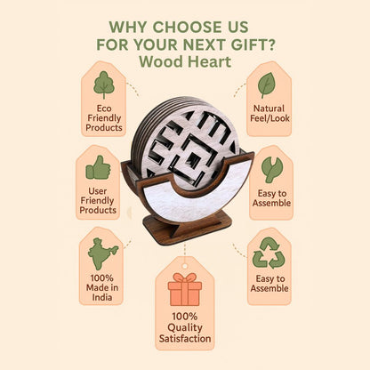 Wooden Round Coaster Set with Geometric Cutwork – Whitewashed Finish