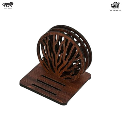 Wooden Round Coaster Set with Tree Branch Cutwork – Dark Walnut Finish