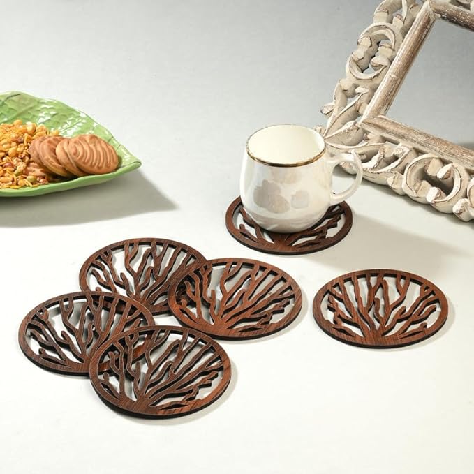 Wooden Round Coaster Set with Tree Branch Cutwork – Dark Walnut Finish