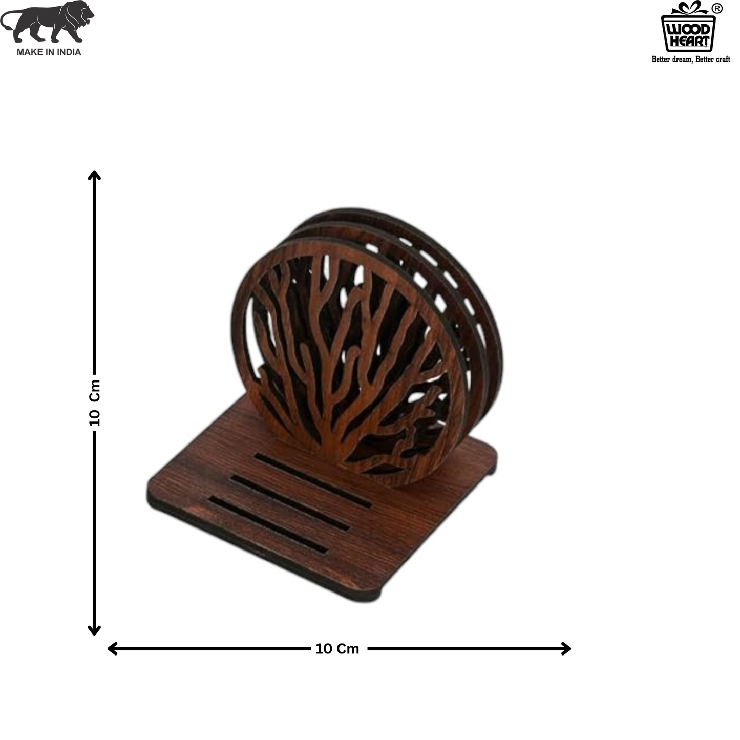 Wooden Round Coaster Set with Tree Branch Cutwork – Dark Walnut Finish