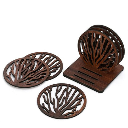 Wooden Round Coaster Set with Tree Branch Cutwork – Dark Walnut Finish