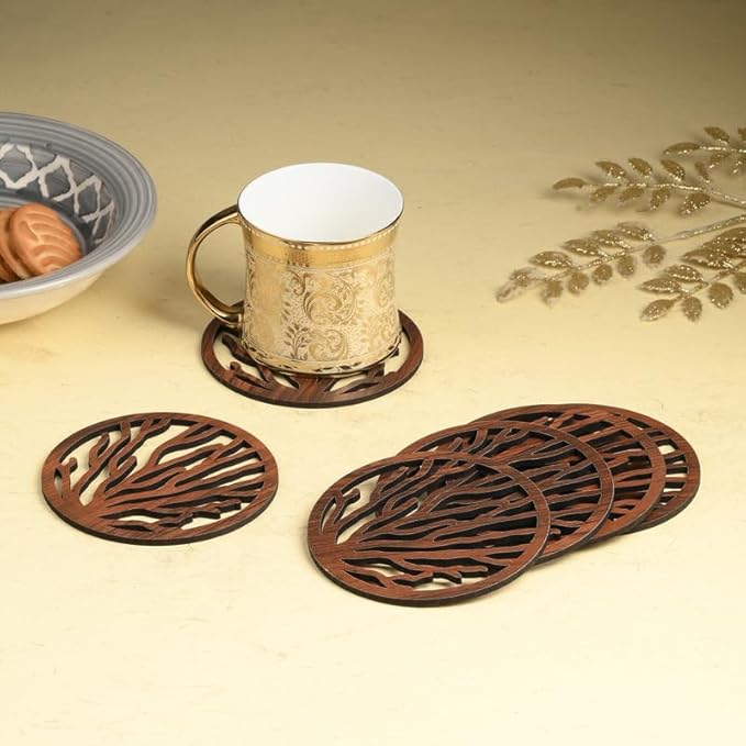 Wooden Round Coaster Set with Tree Branch Cutwork – Dark Walnut Finish