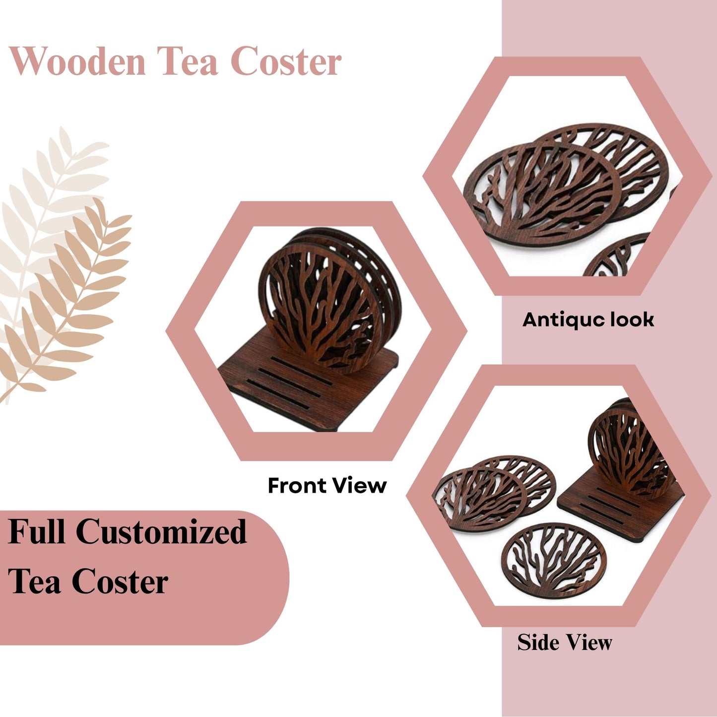 Wooden Round Coaster Set with Tree Branch Cutwork – Dark Walnut Finish
