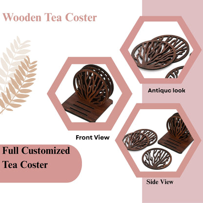 Wooden Round Coaster Set with Tree Branch Cutwork – Dark Walnut Finish