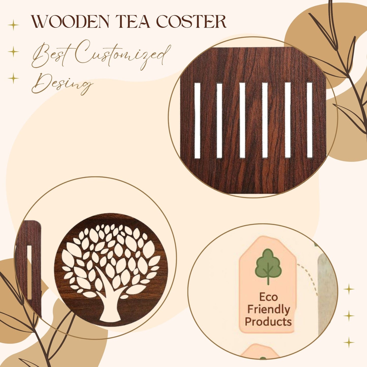 Wooden Round Coaster Set with Tree Branch Cutwork – Dark Walnut Finish