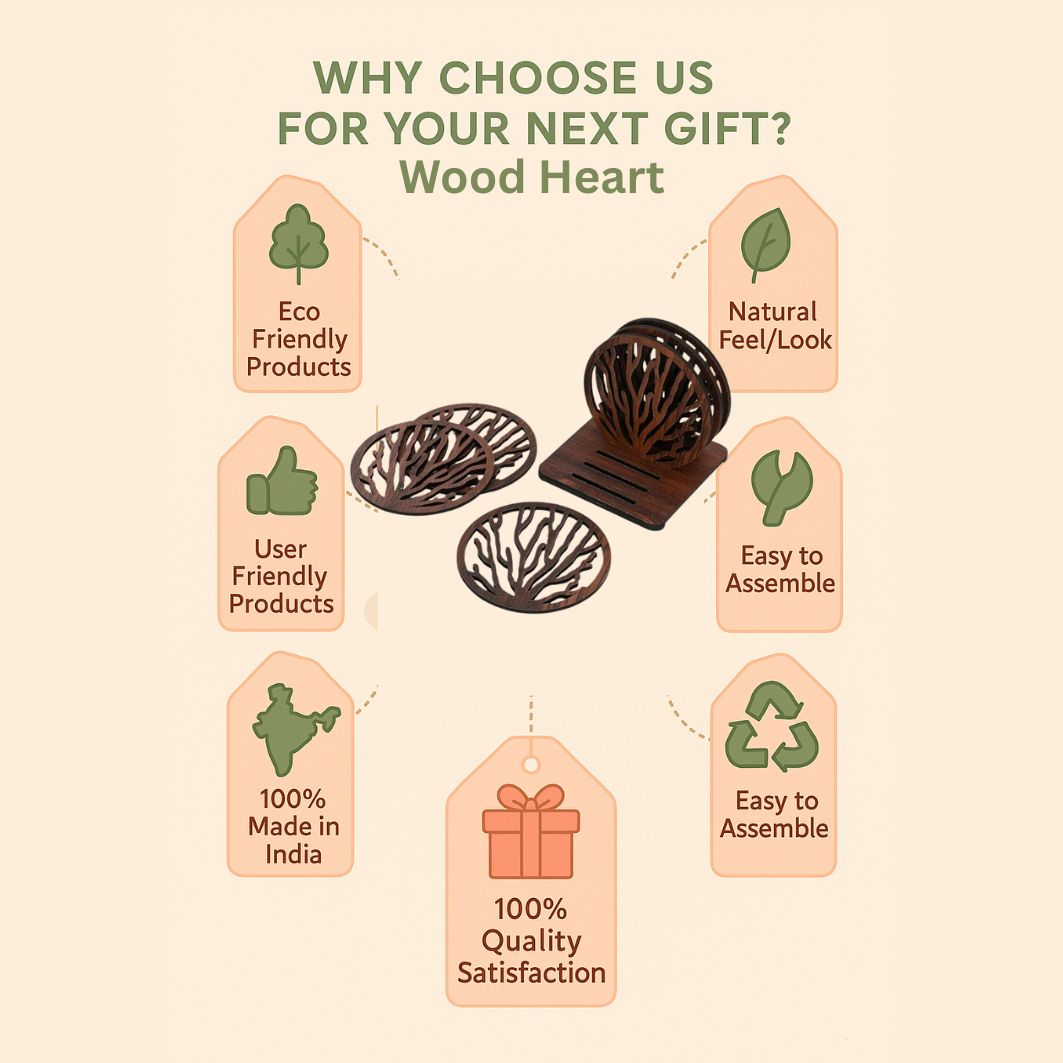 Wooden Round Coaster Set with Tree Branch Cutwork – Dark Walnut Finish