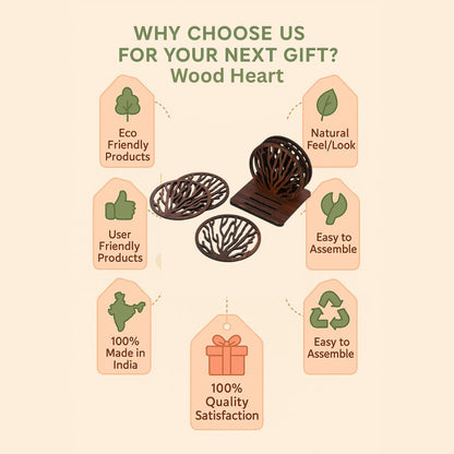 Wooden Round Coaster Set with Tree Branch Cutwork – Dark Walnut Finish