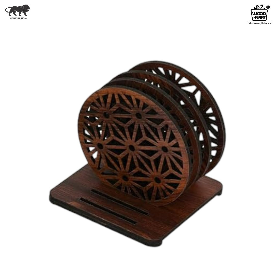 Wooden Round Coaster Set with Geometric Floral Cutwork – Dark Walnut Finish