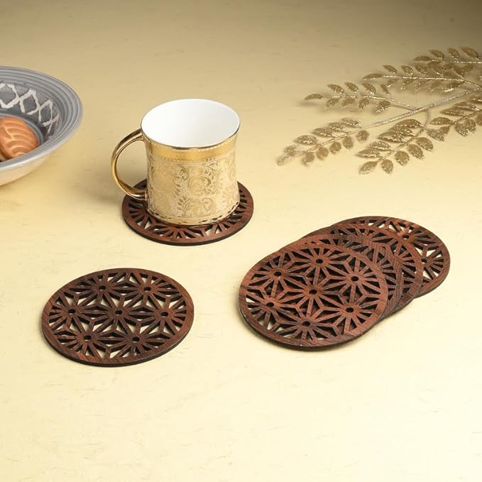 Wooden Round Coaster Set with Geometric Floral Cutwork – Dark Walnut Finish