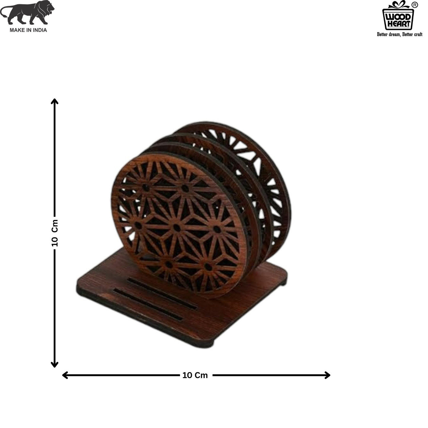Wooden Round Coaster Set with Geometric Floral Cutwork – Dark Walnut Finish