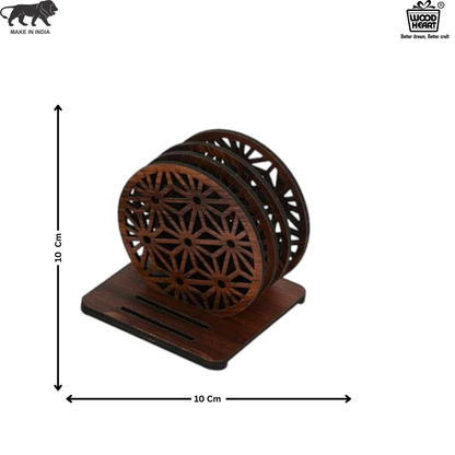 Wooden Round Coaster Set with Geometric Floral Cutwork – Dark Walnut Finish