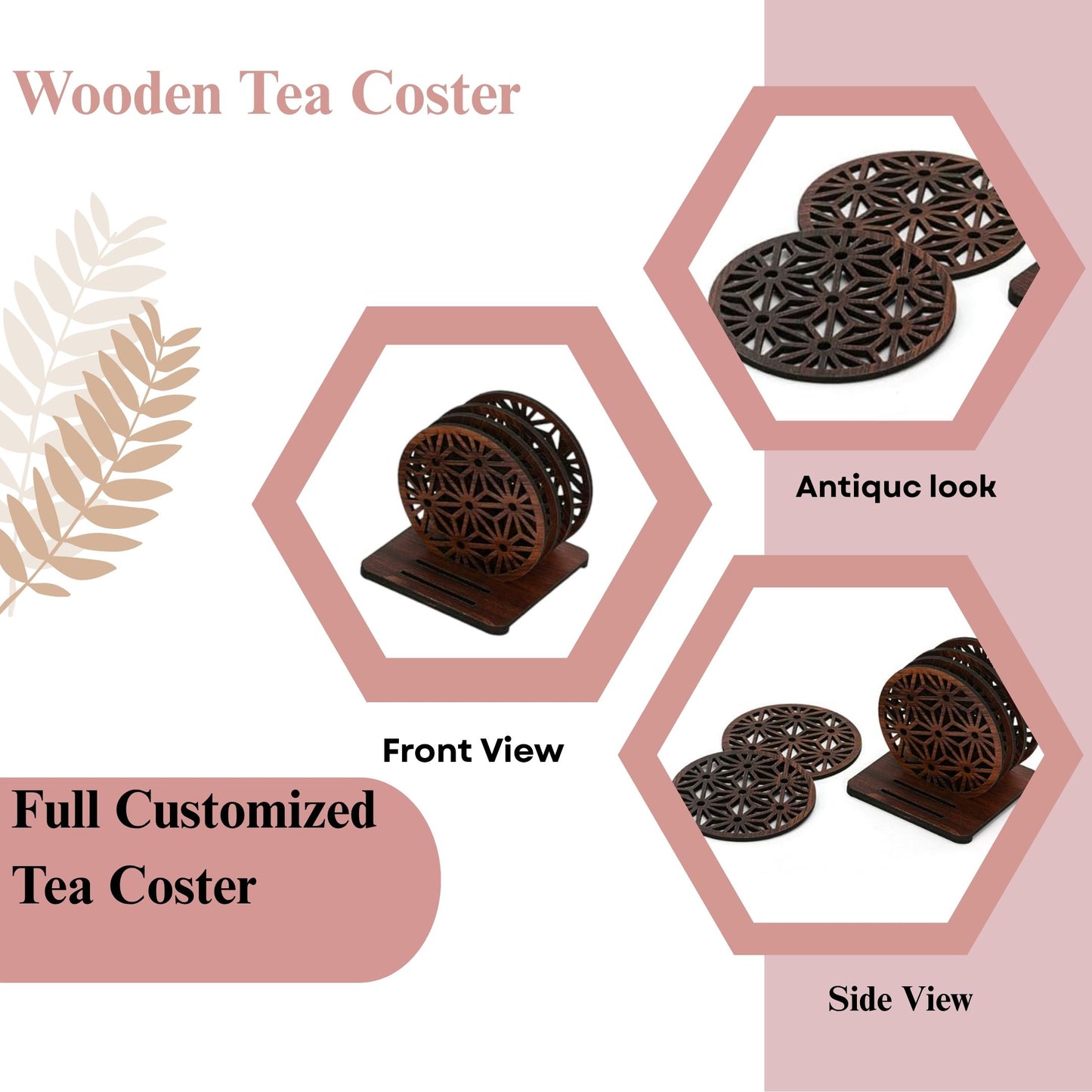 Wooden Round Coaster Set with Geometric Floral Cutwork – Dark Walnut Finish