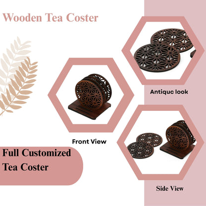 Wooden Round Coaster Set with Geometric Floral Cutwork – Dark Walnut Finish